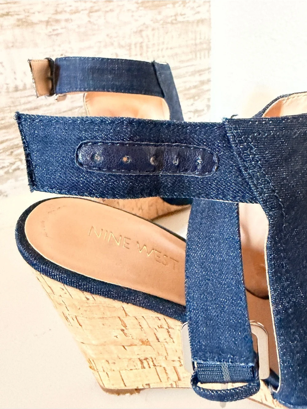 Nine West Denim Cork Wedge Peep-Toe Sandals - Dark Blue
